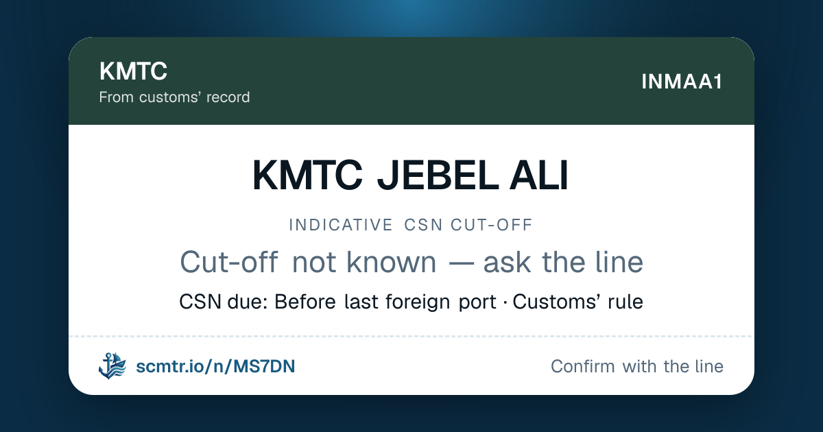 KMTC JEBEL ALI — KMTC call, Chennai — SCMTR